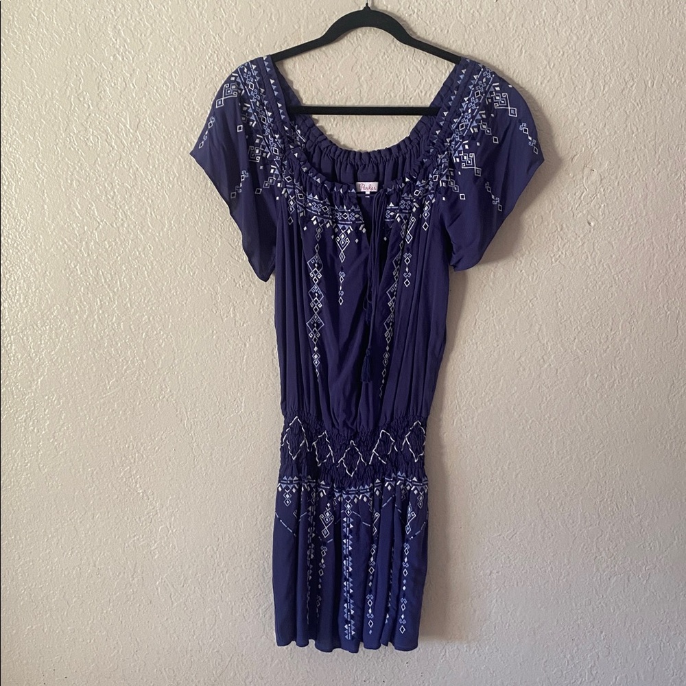 Parker Tammy Dress Size S Blue Off-Shoulder Mini Embroidered Smocked Tassels - Picture 5 of 10